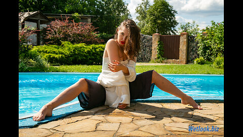 Wetlook Girl Turns Up the Heat in Wet Satin by the Pool