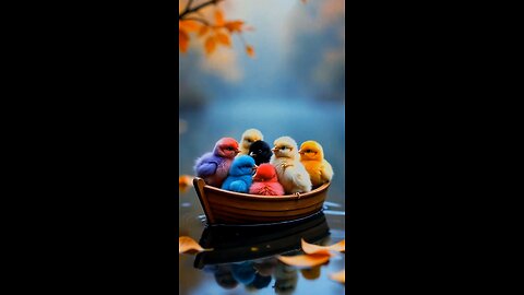 cute chicks chirping-baby chicken riding boat in lake