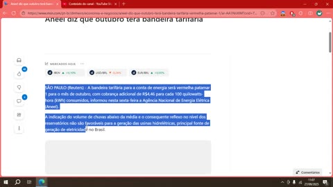 Aneel diz que outubro terá bandeira tarifária vermelha patamar 1
