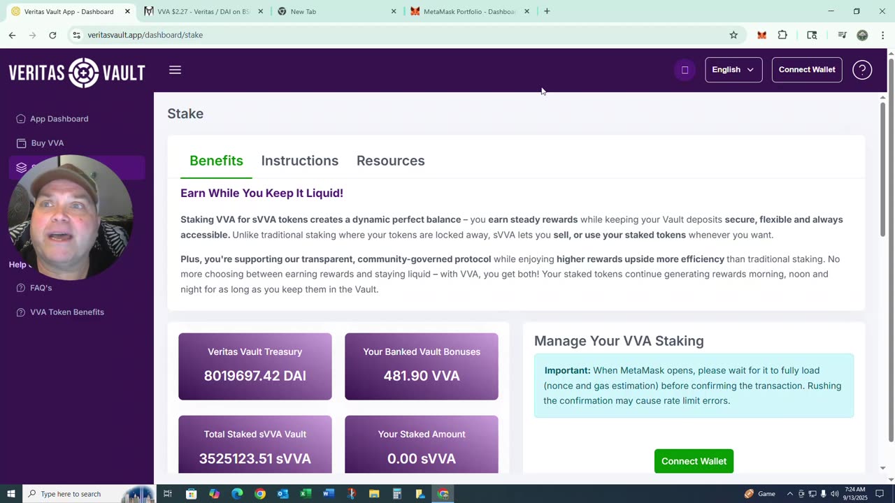 Buying & Steaking VVA Token on the Veritas Vault App site.