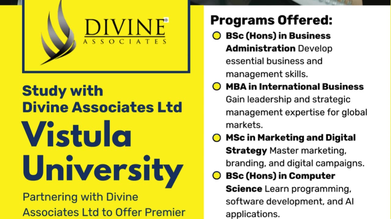 global future in Business, IT & Marketing at Vistula University with Divine Associates Ltd.