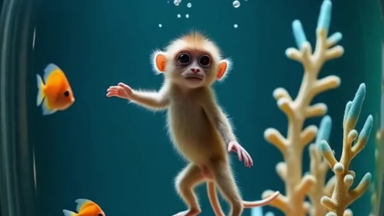 Ai generated animated video | A tiny monkey swimming inside a fish tank #ai #monkey #fishtank