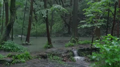 The beautiful mountain forest is raining