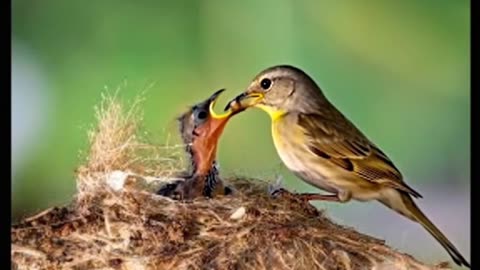 Nurturing Nature Adult Bird Feeds Chick in Nest