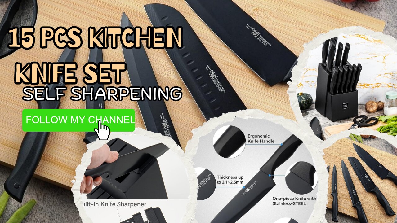 Knife Set, HUNTER.DUAL 15 Pcs Kitchen Knife Set with Block Self Sharpening,