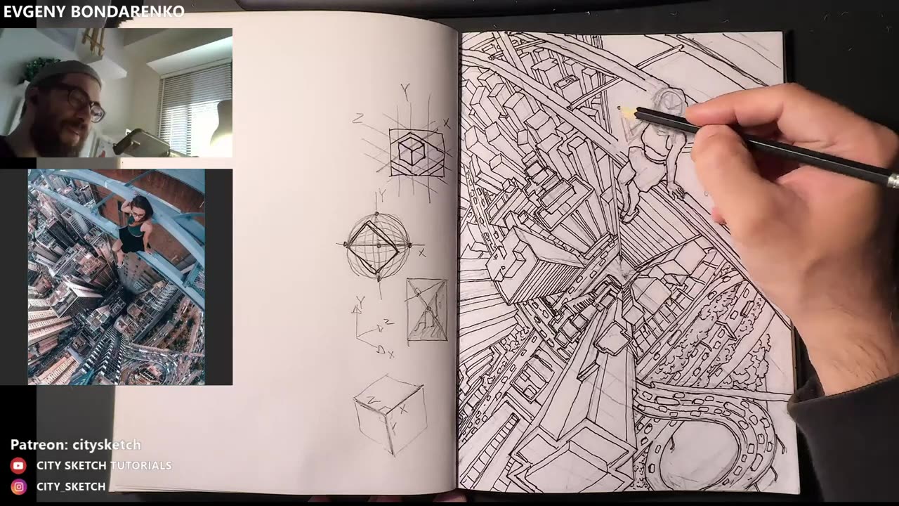 How to draw aerial view in perspective. Curvilinear perspective