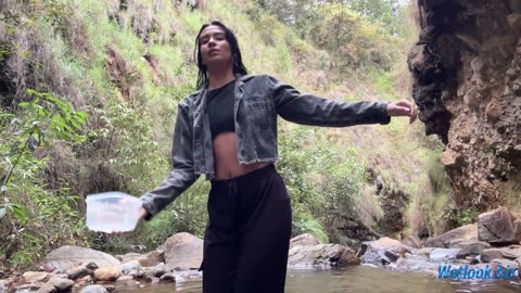 Gets Drenched in a Black Outfit by the Creek | Wetlook Outdoor Fun