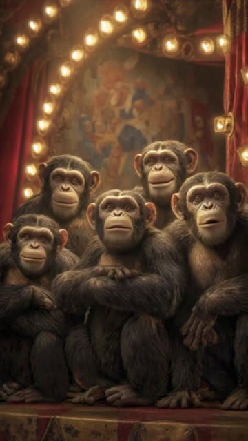 five cgi chimpanzees at the circus in center ering the song