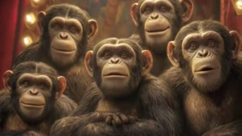 five cgi chimpanzees at the circus in center ering the song
