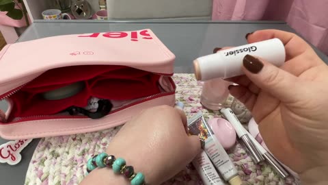 My Glossier Items & Bag. Makeup, perfume, lip balms and lotions.