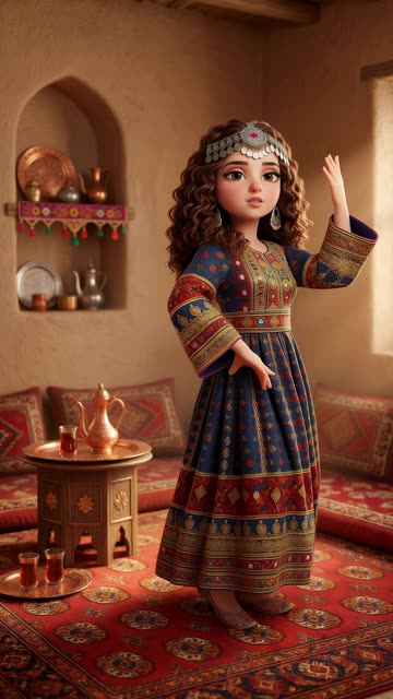 Animated woman in traditional dress dancing with expressive hand gestures and happy smile