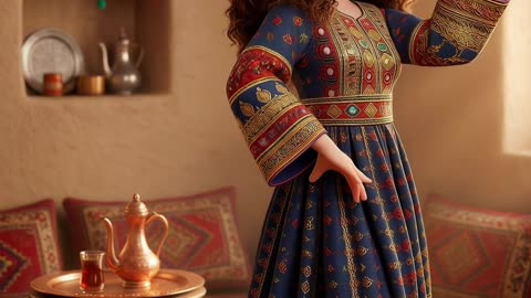 Animated woman in traditional dress dancing with expressive hand gestures and happy smile