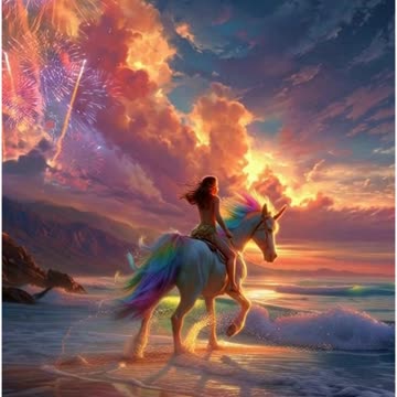 A beautiful woman riding on the back of a rainbow unicorn racing down a beautiful beach