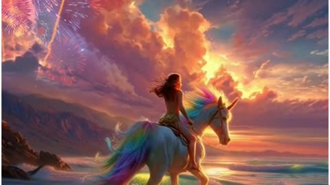 A beautiful woman riding on the back of a rainbow unicorn racing down a beautiful beach
