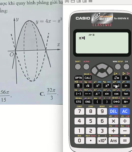 Toán 12: Tích phân thể tích khối tròn xoay: y=4x-x^2 và trục hoành bằng CASIO
