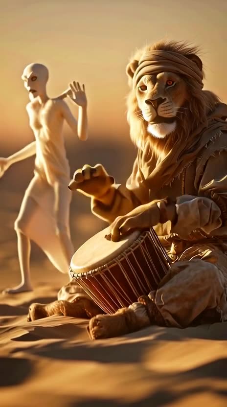 A lion wearing a desert outfit sits in the golden sands