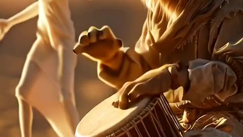 A lion wearing a desert outfit sits in the golden sands