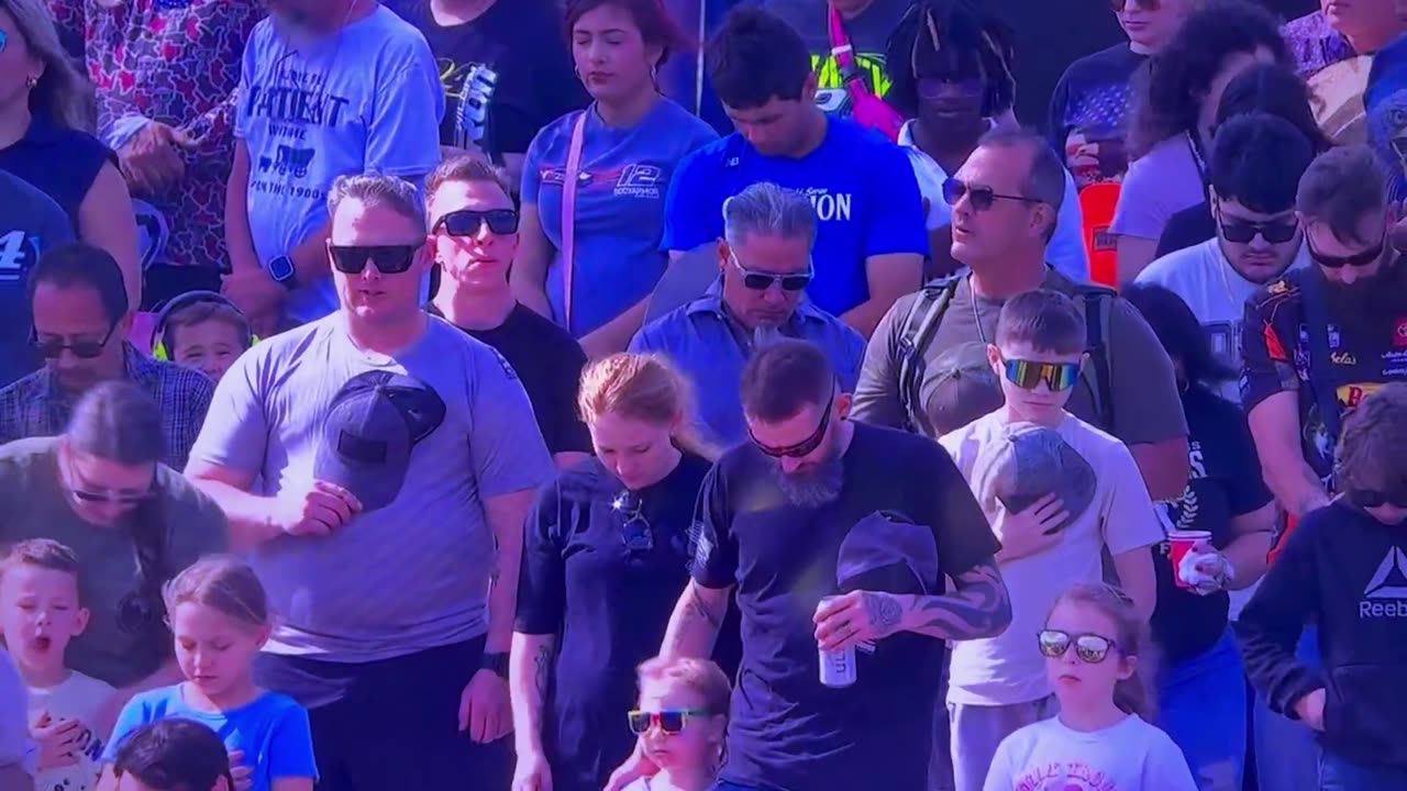 Riley Gaines prays for Donald Trump during NASCAR pre-race invocation in Texas.