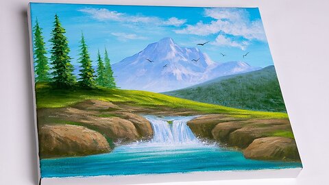 Acrylic painting _ Waterfall Landscape painting _ Mountain Waterfall _ Easy For Beginners