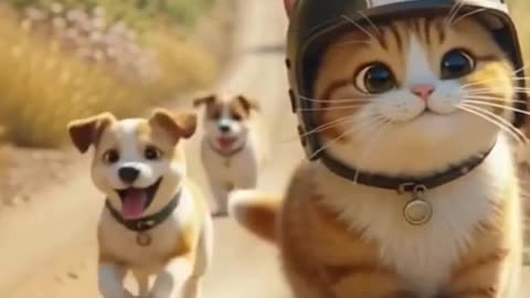 😍 chubby orange-and-white cat rides a skateboard down a dusty road,
