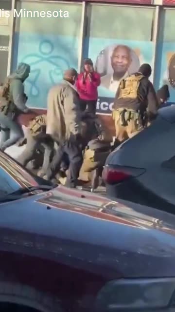 Federal ICE and Border Patrol agents tackling a person moments before shots rang out.