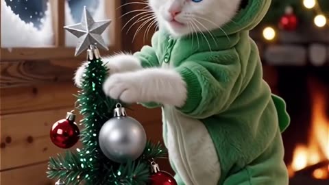 Frog-Suit Kitty by the Christmas Tree 🎄🐸 _ Cutest Holiday Moment Ever#cat #cute #cats #frog