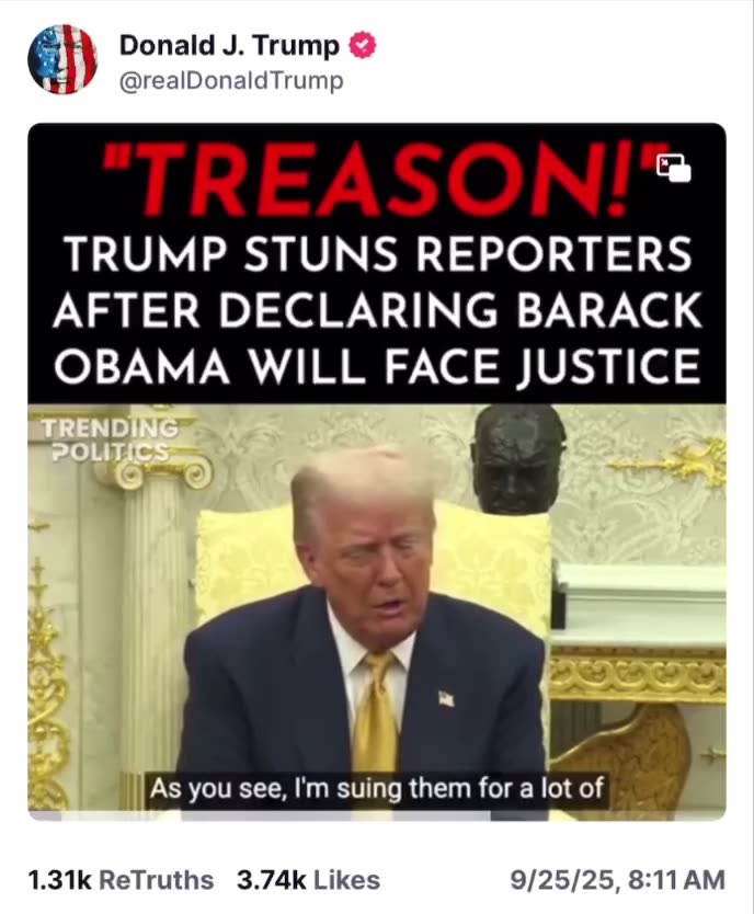Trump posts video on Truth Social saying Barack Obama is guilty of Treason