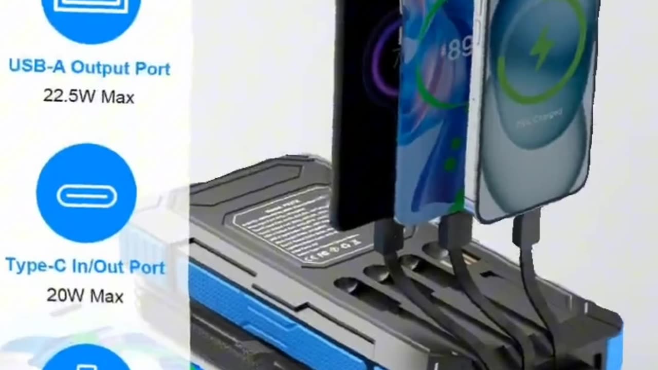 Solar Charger Power Bank 49800mAh with 4 Built-in Cables & 3 Foldable Panels, PD22.5W C