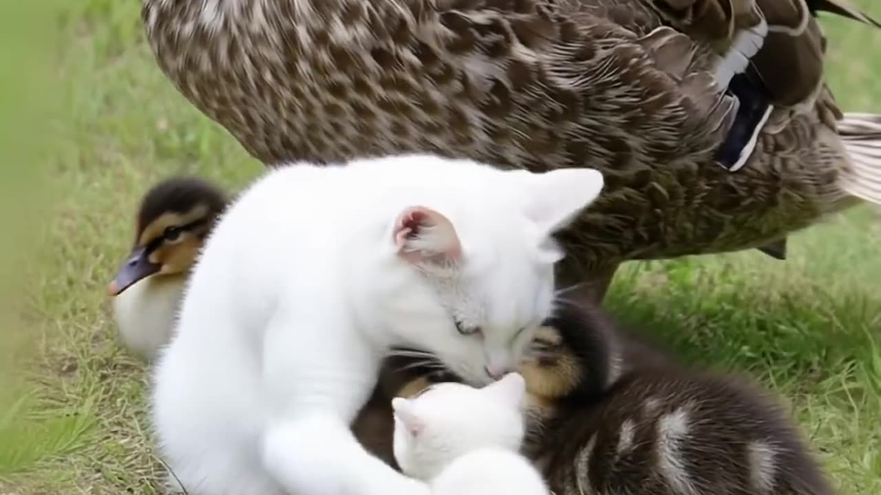 Cat Mom Protects Both Kittens and Ducklings