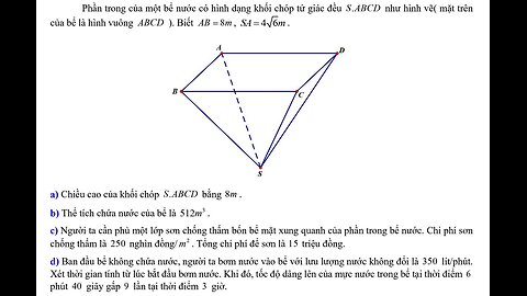 Toán 12: Phần trong của một bể nước có hình dạng khối chóp tứ giác đều S.ABCD như hình vẽ