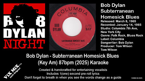 SingLikeBob - Subterranean Homesick Blues (Key Am) 87bpm (2025) Karaoke