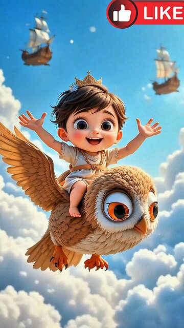 A cute baby is being taken on a tour of the sky by an owl. AI generate cartoon video not real human