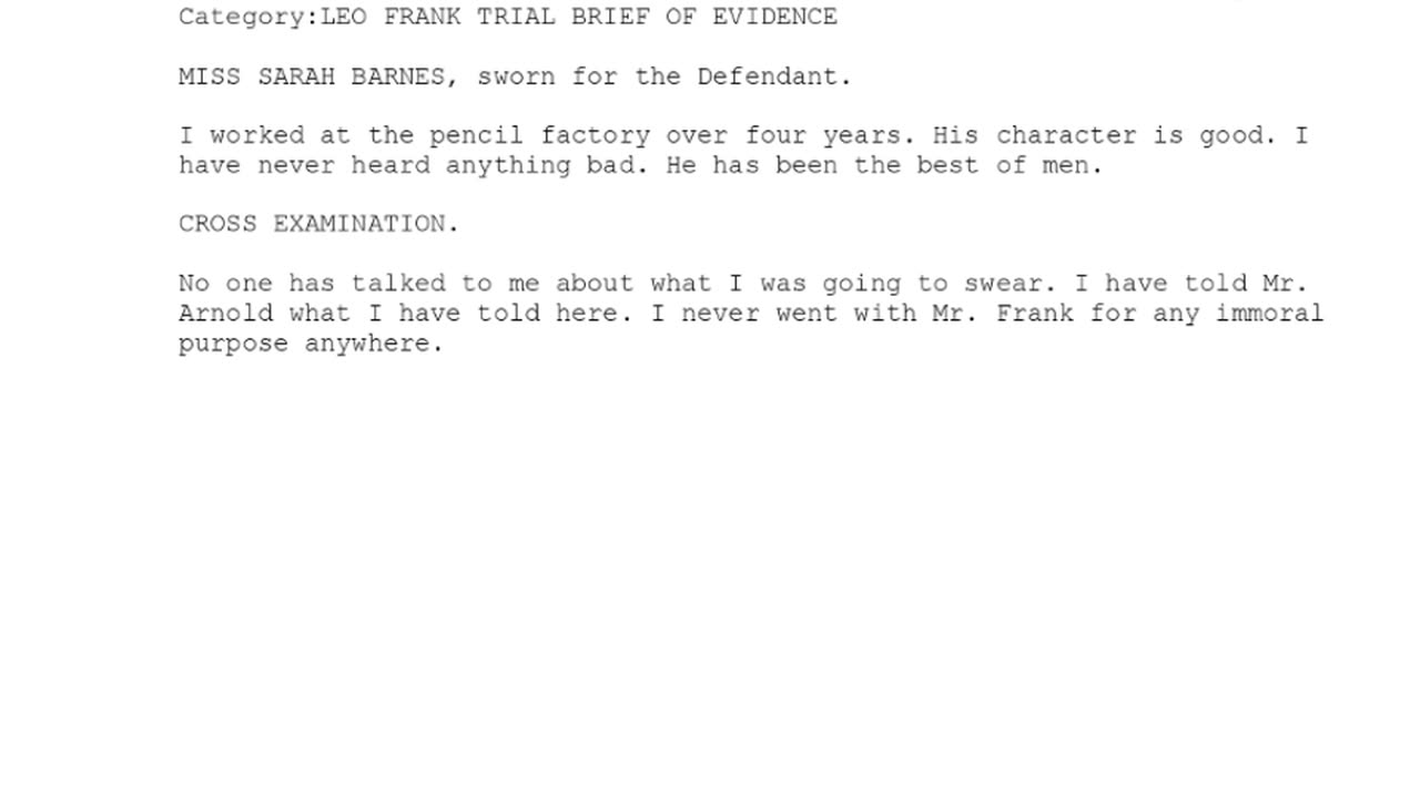 MISS SARAH BARNES, Sworn In For The Defendant, 141st To Testify