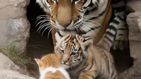 Tiger Family Welcomes a Kitten with Love
