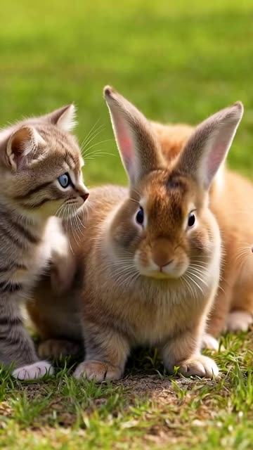 Kitten chasing a Bunny Rabbit