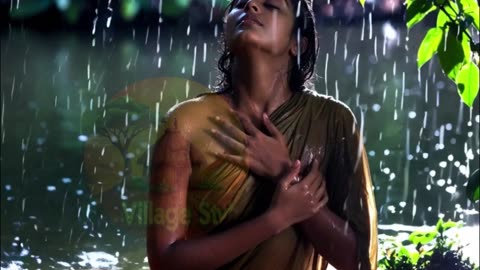 A serene photograph of a Sri Lankan woman in monsoon rain, surrounded by lush greenery.