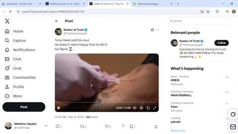 Skateboard left on footpath evokes ABC article, foreshadows tweet about Tony Hawk and blood