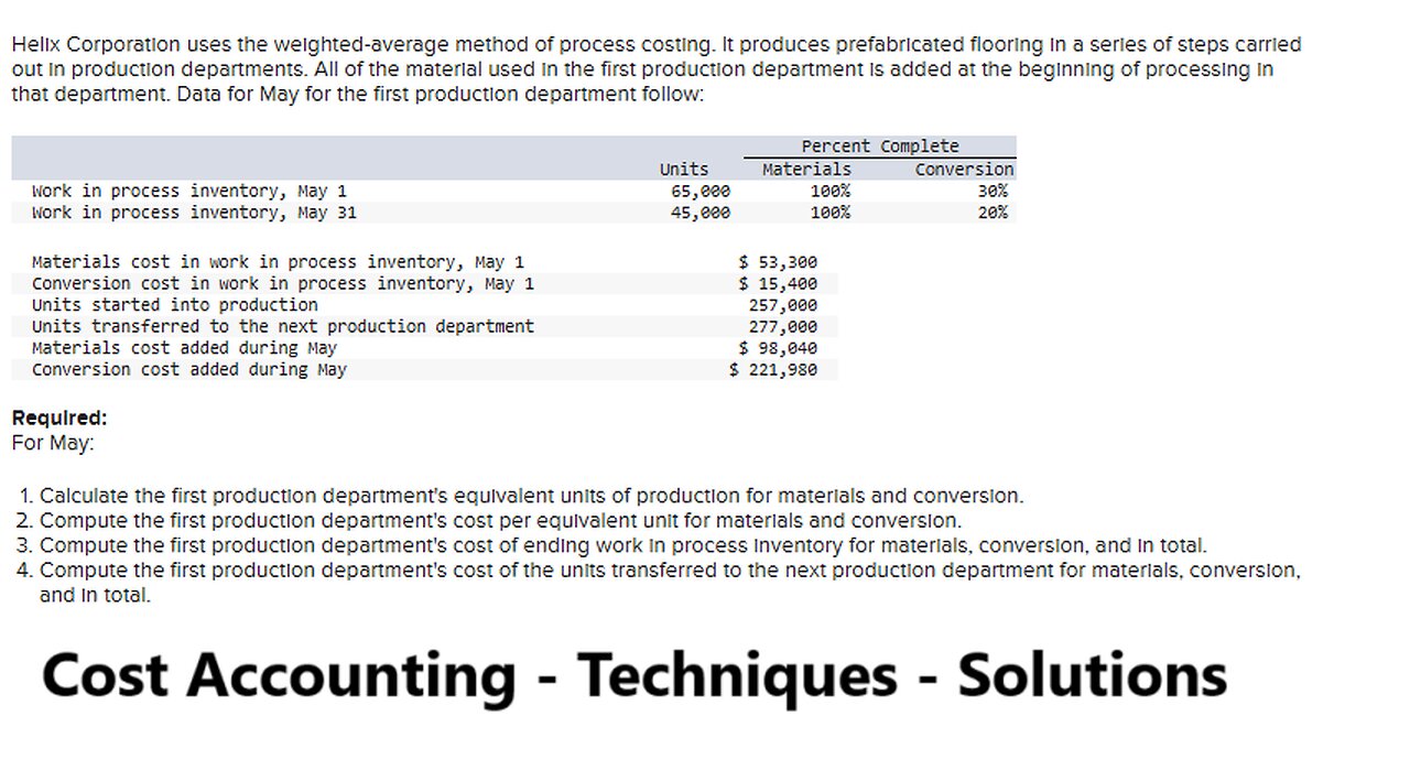 Cost Accounting: Helix Corporation uses the weighted-average method of process costing. It produces