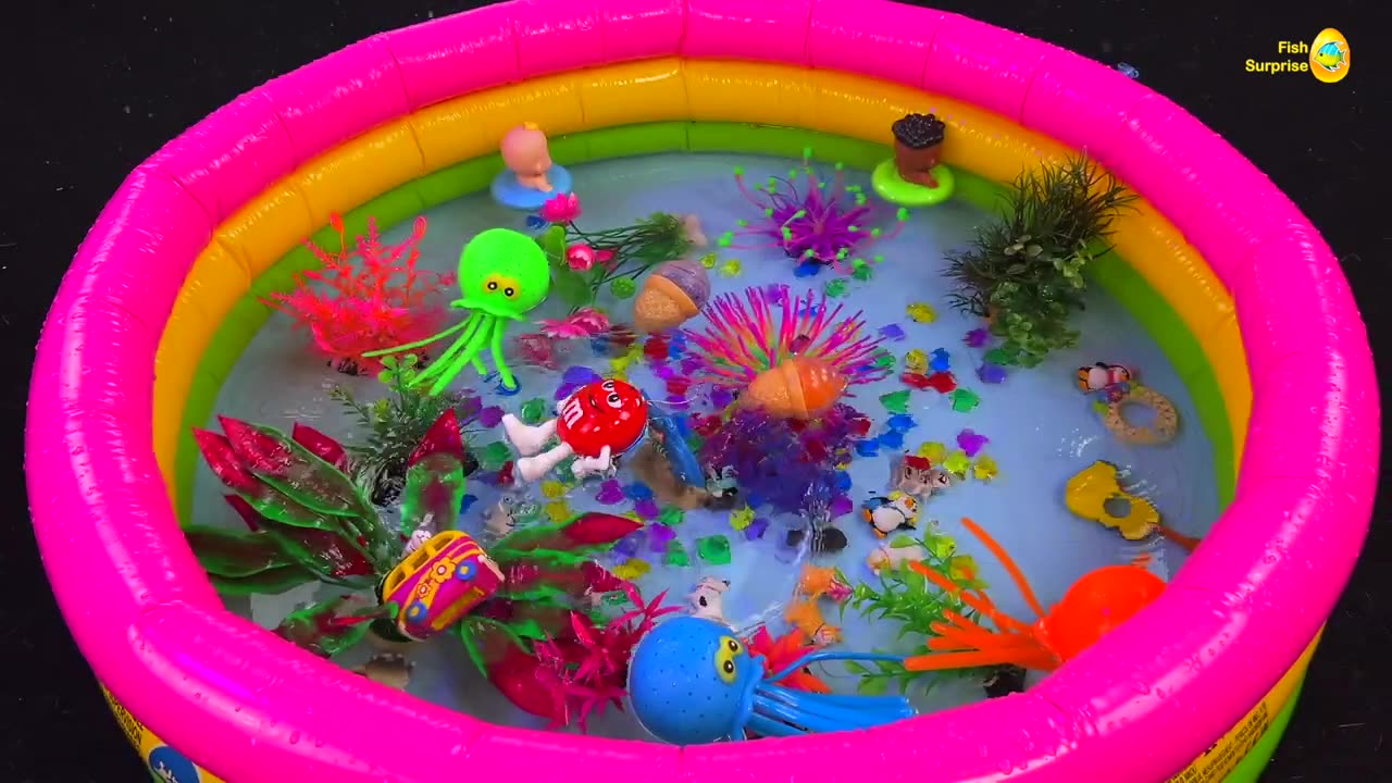 Amazing pool wth colorful surprise eggs, koi, turtle, betta fish catch, goldfish, dinosaurs