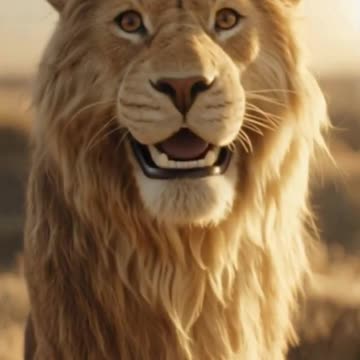 Prompt close-up of an anthropomorphic lion sitting and talking directly to camera
