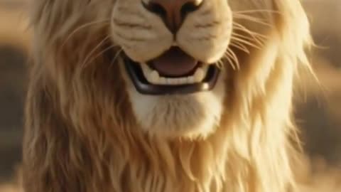 Prompt close-up of an anthropomorphic lion sitting and talking directly to camera