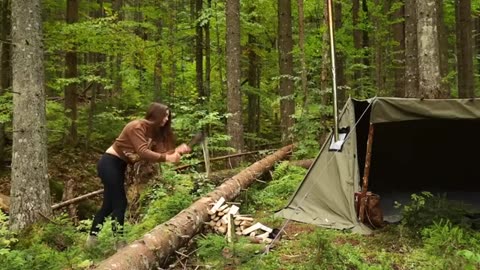 Solo trip with Canvas Hot tent in the mushroom woods | Wild camping, cooking, bushcraft skills, ASMR