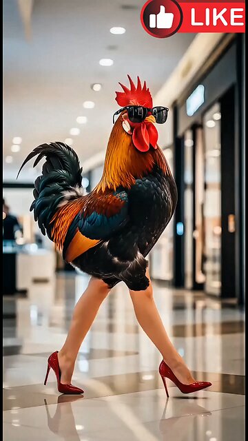 A rooster walks around dressed as his girlfriend. At the market. AI generate content only enjoy