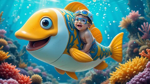 Underwater Adventure: Baby Rides a Smiling Fish! 🌊🐠