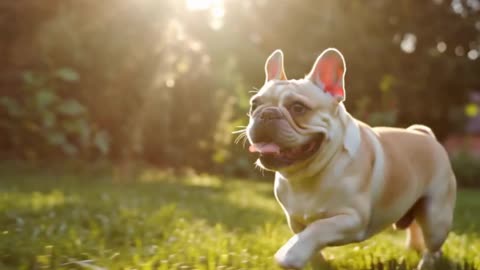 A portrait of a funny French bulldog running across a green lawn in slow motion