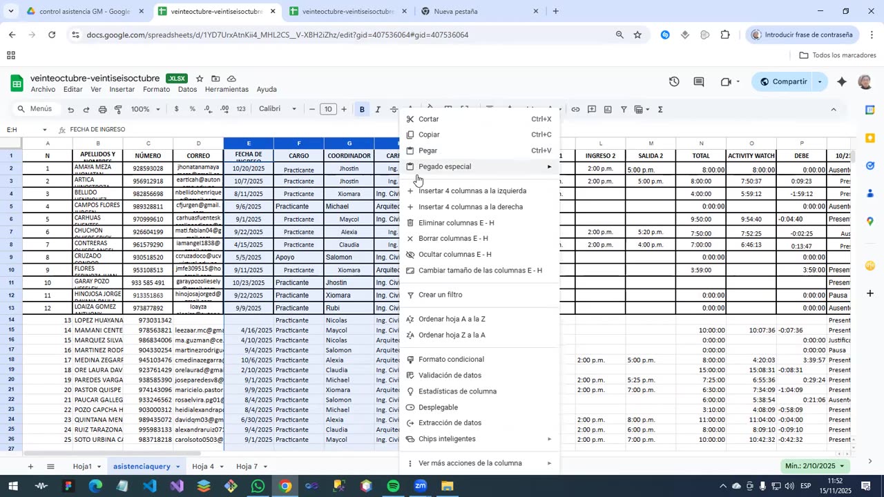 excel trabajo de asistencia