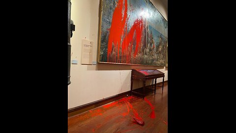 Two Members of Futuro Vegetal Splashed Red Paint onto the Artwork "First Bow to Columbus" Painting