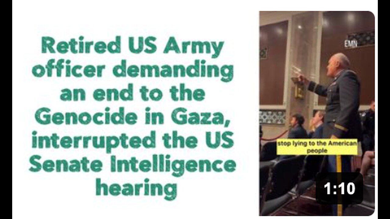 Retired US Army officer demanding an end to the Genocide in Gaza, interrupted the US Senate Intelligence hearing