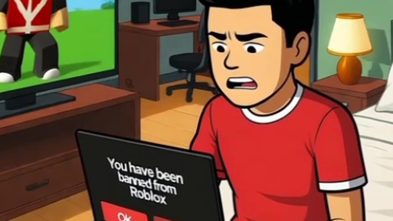 A Roblox cat character with tears in her eyes, standing in a cozy bedroom with warm lighting.