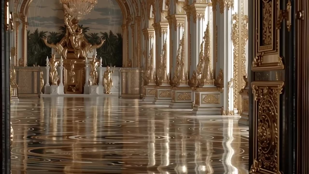 Luxurious golden ballroom with marble floors and chandeliers.